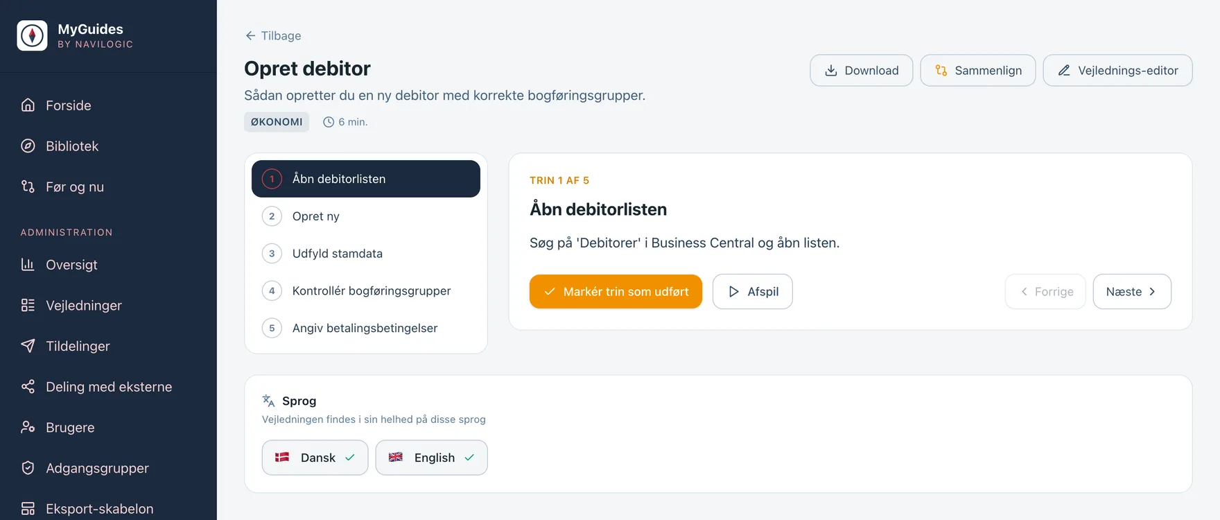 Trin-visning i MyGuides med trinliste og sprogoversigt