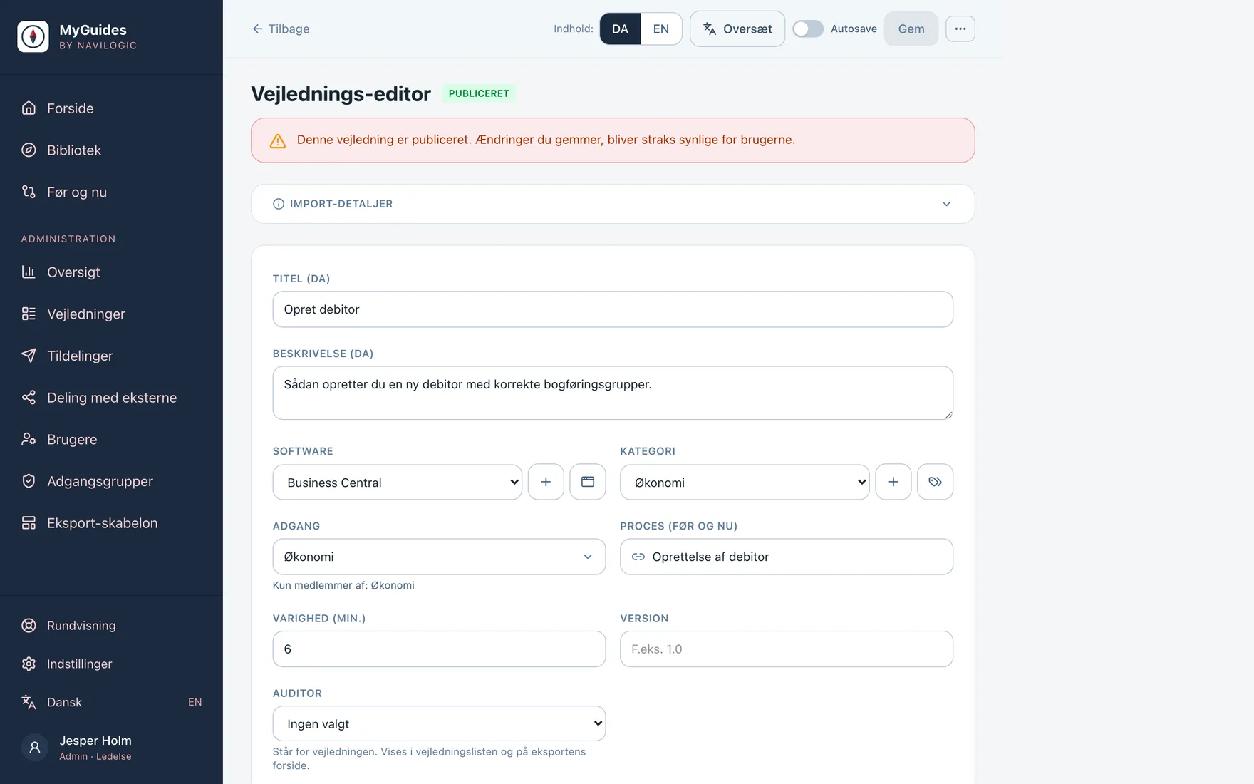 Editoren i MyGuides med sprogvalg, oversætteknap, adgangsgruppe og ansvarlig