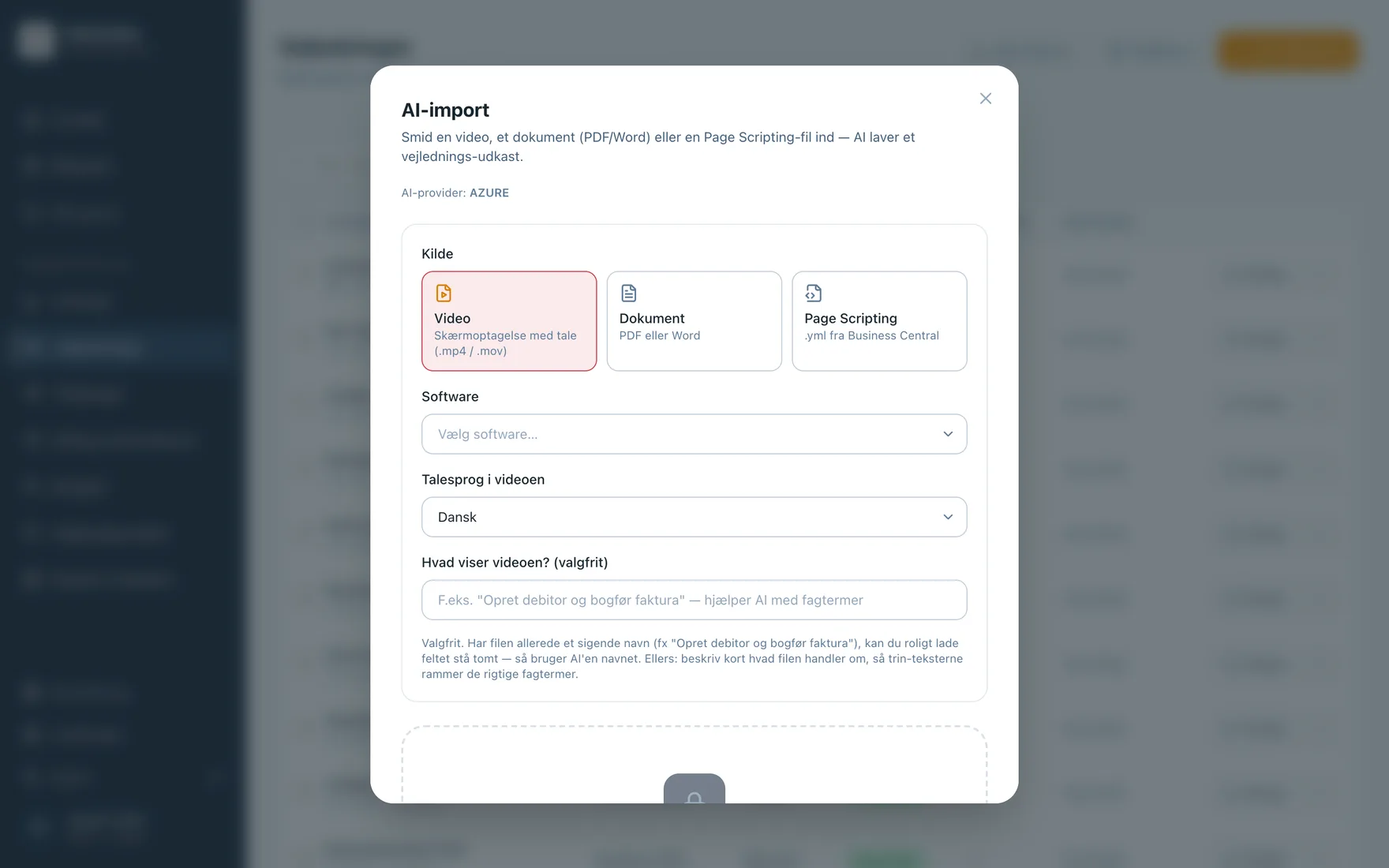 AI-import i MyGuides med valg mellem video, dokument og Page Scripting